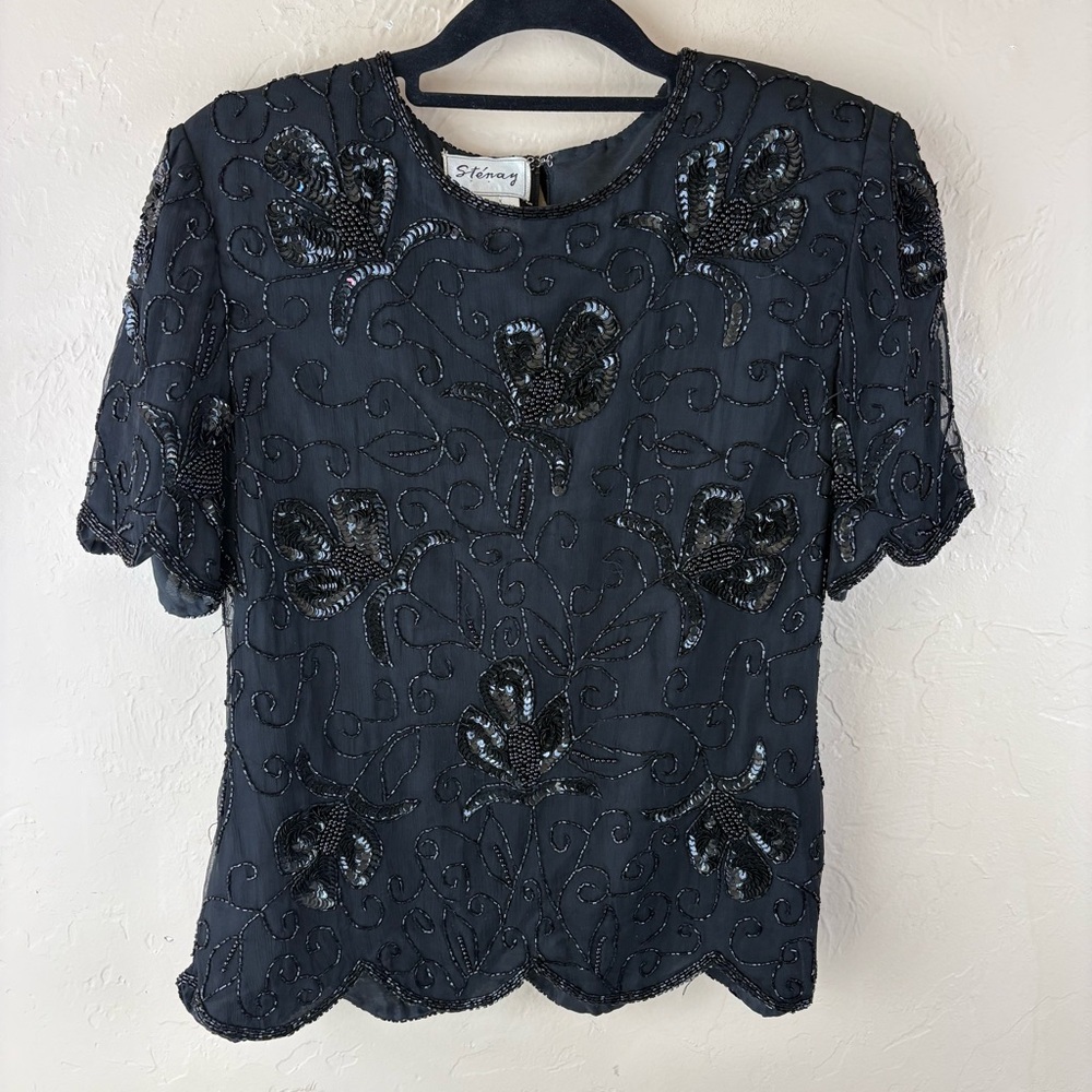 Vintage Stenay Black Sequin Blouse Silk Embellished 1980s Short Sleeve Medium